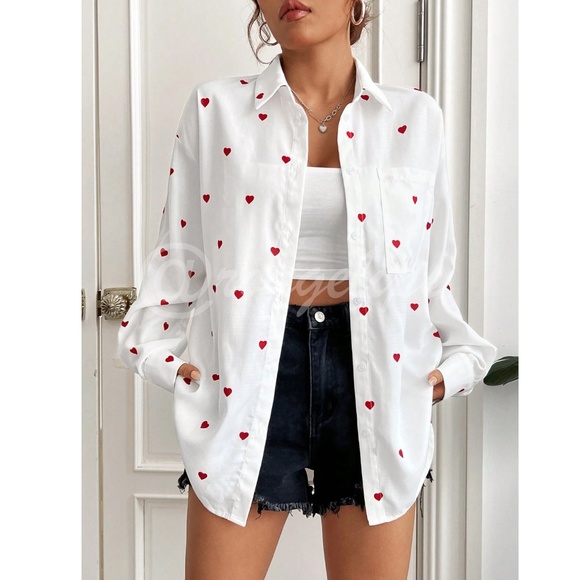 White Casual Shirt Red Hearts Printed Button Down Up Long Sleeve - Picture 4 of 7